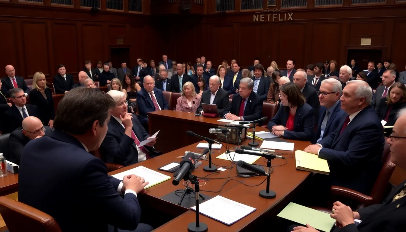 Netflix executives discuss the potential Warner Bros. deal during a tense legislative hearing, with lawmakers expressing concerns about competition and media diversity.
