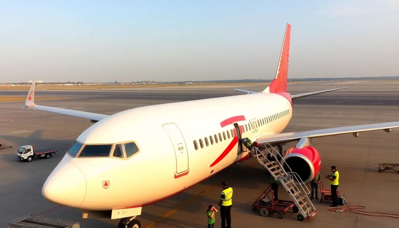 A Boeing 737 aircraft belonging to Air India is parked on the tarmac, surrounded by maintenance personnel and equipment as they conduct inspections following a recent safety investigation.