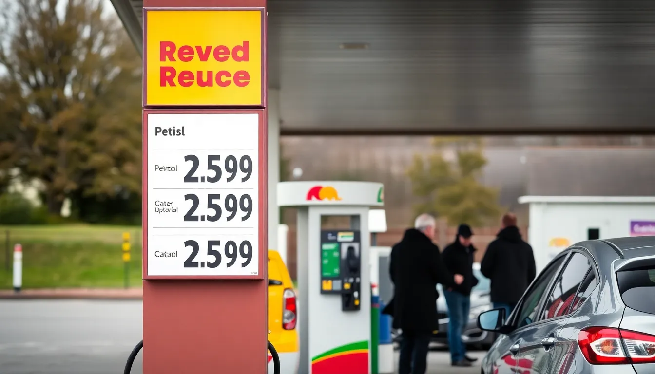 A gas station in Northern Ireland displays a sign showing reduced petrol prices, reflecting the recent decline in fuel costs amid increased competition and lower global oil prices.