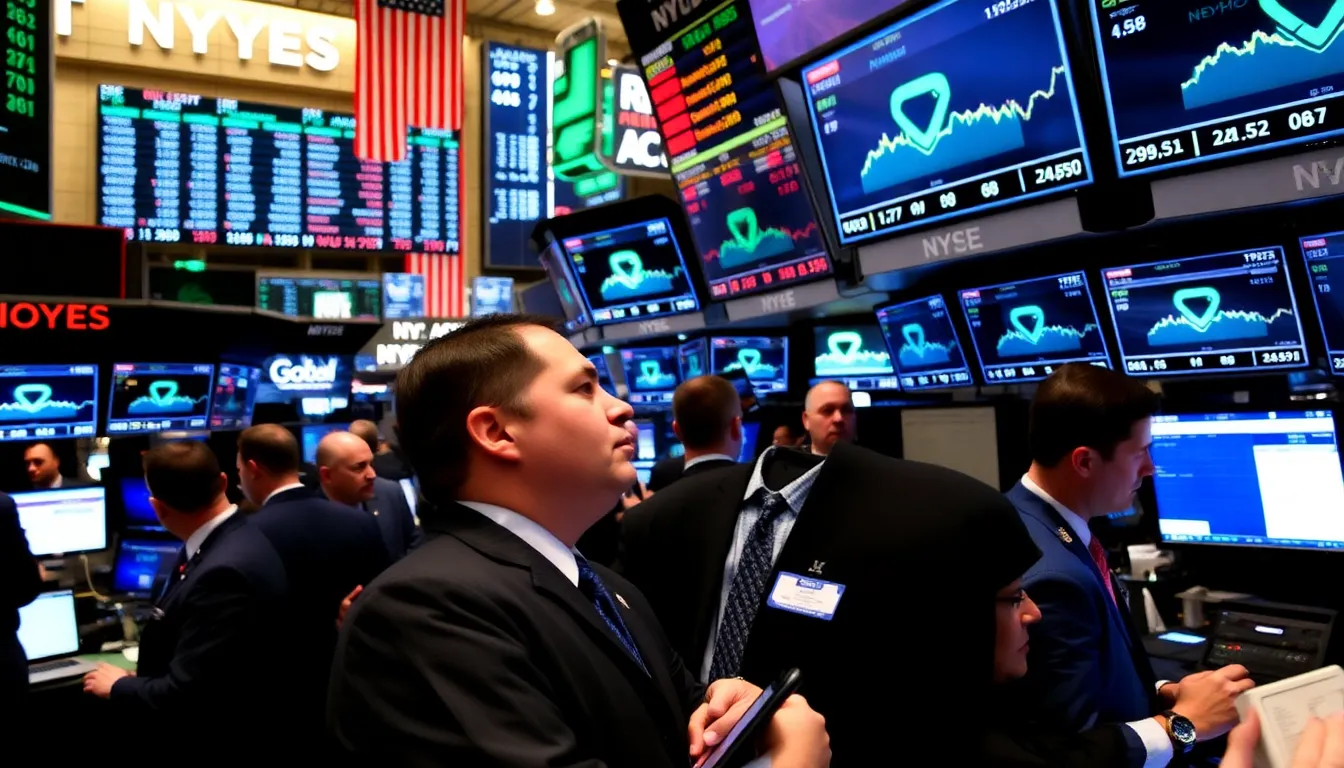 traders on a busy stock exchange floor monitor screens displaying fluctuating stock prices and financial news updates following Nvidia's announcement of record profits.