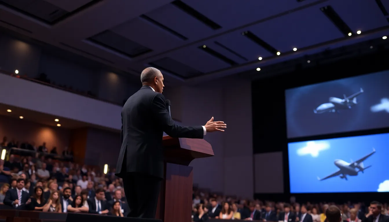 Barack Obama speaks to an audience, addressing recent discussions about unidentified aerial phenomena and the possibility of extraterrestrial life.