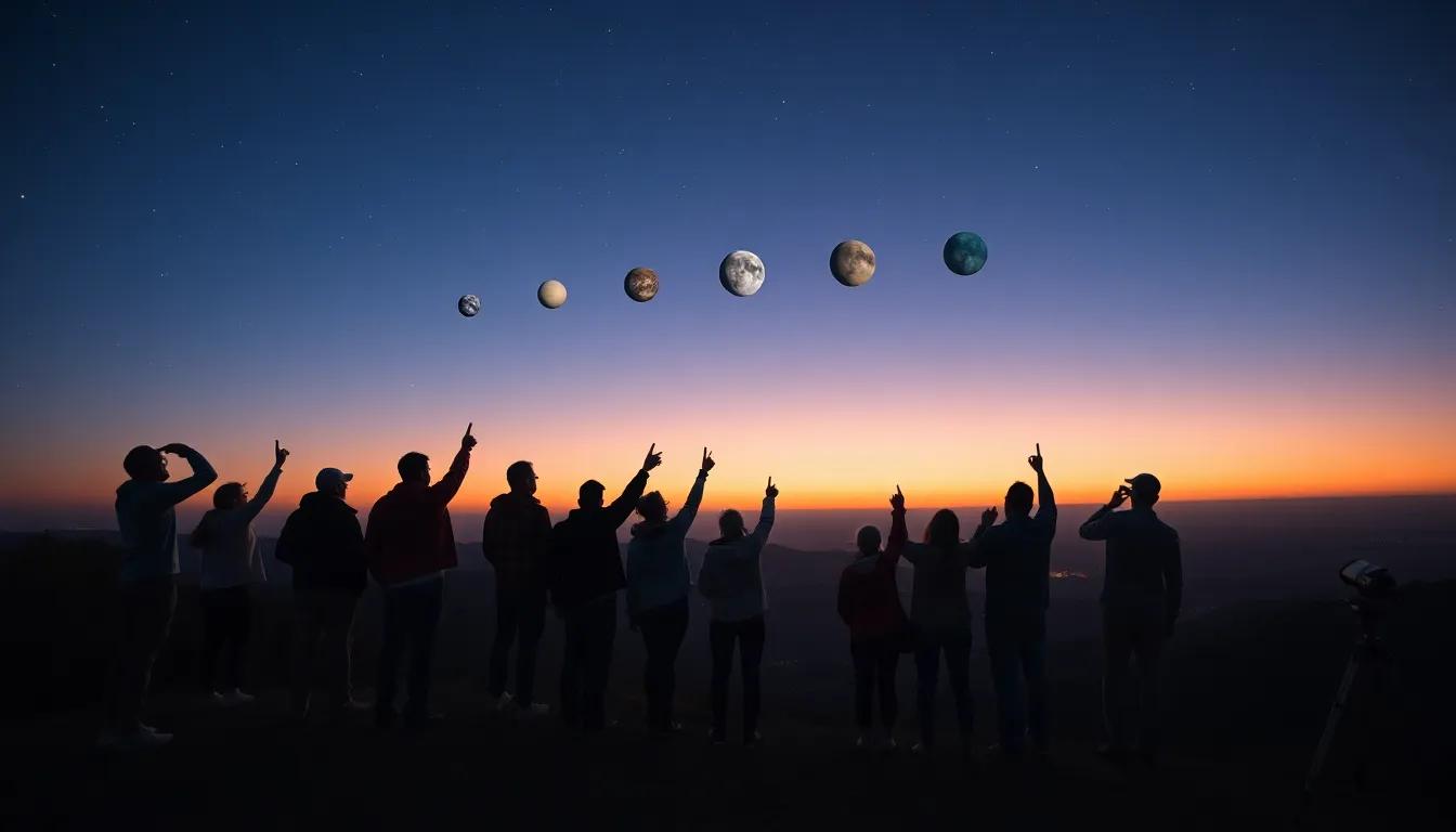 A group of stargazers gathers on a hilltop at dawn, eagerly pointing towards the horizon as six planets align in a stunning display across the sky.