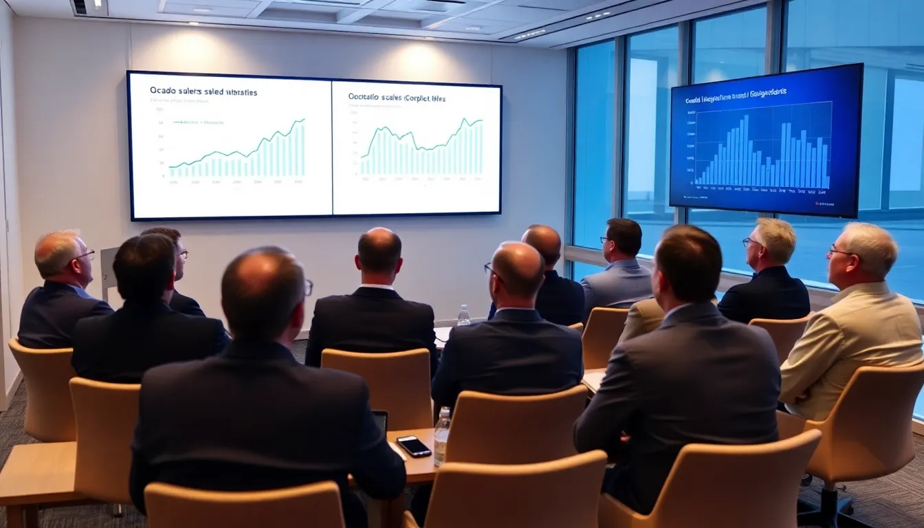 A group of investors watches a presentation on Ocado's financial performance, with charts displaying declining sales and market trends in the background.
