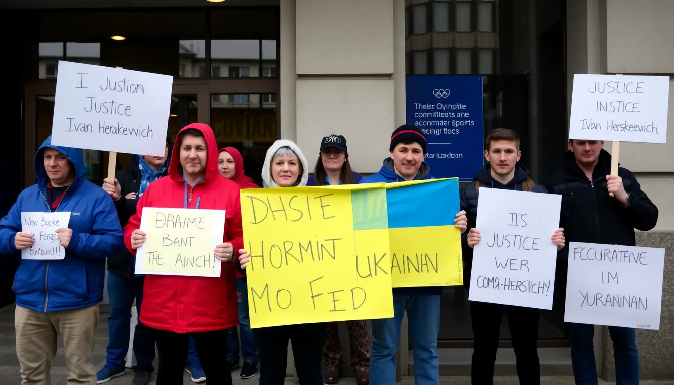 A group of concerned athletes and sports analysts gathers outside an Olympic committee office, holding signs that demand justice for Ukrainian athlete Ivan Heraskevych amid ongoing controversy over his recent ban.