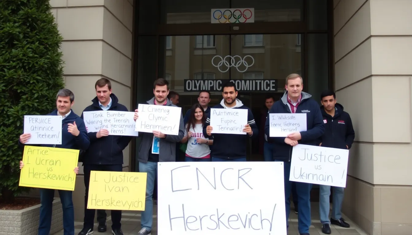 A group of athletes and advocates gathering to call for transparency and accountability from Olympic governing bodies in response to recent controversies