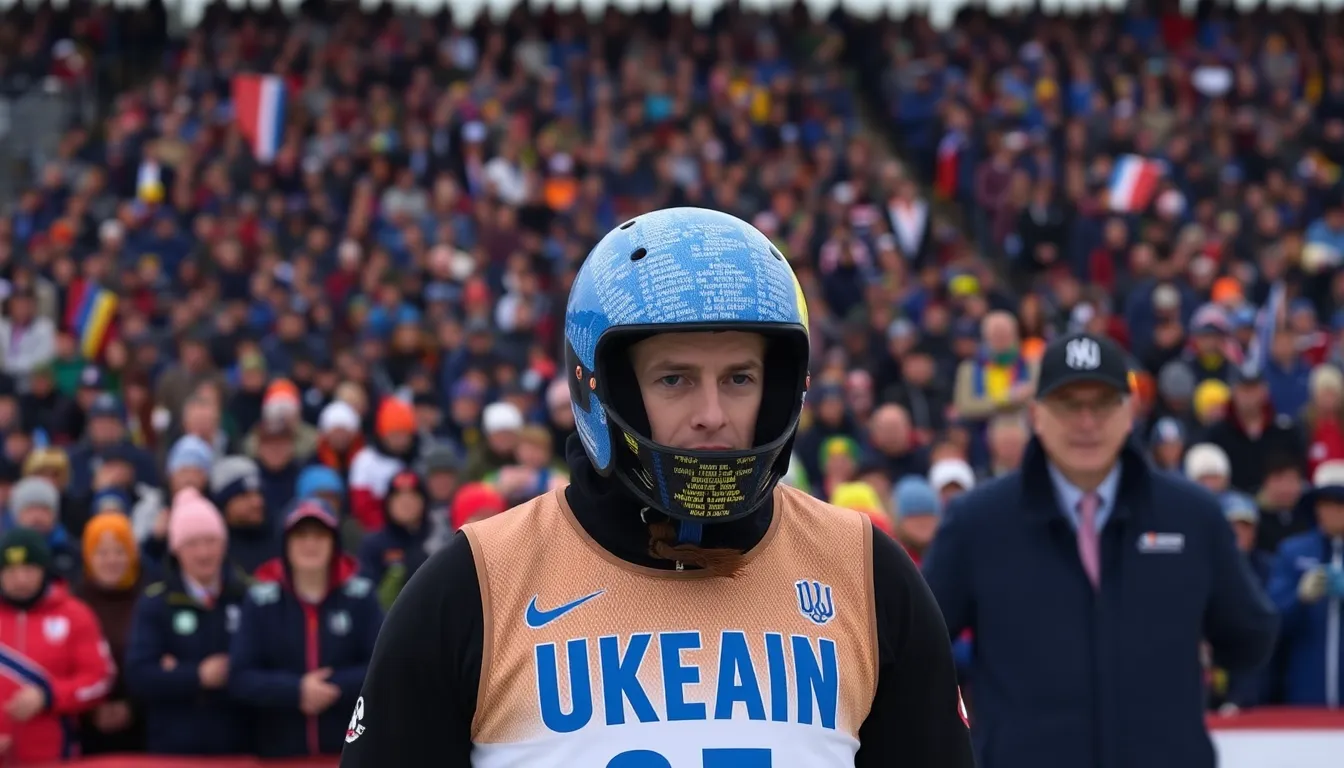 A Ukrainian athlete stands in front of a crowd, holding a helmet adorned with the names of fallen soldiers, as officials announce the ban on its use during the upcoming Winter Olympics.