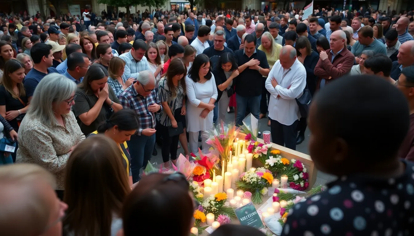 A crowd gathers in a public area, visibly shaken and mourning, as flowers and candles are placed in memory of the victims of the Bondi Massacre.