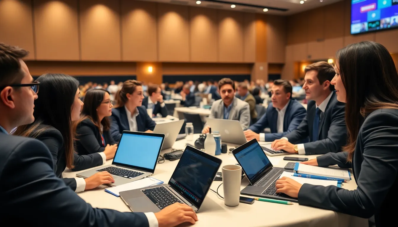 A group of business professionals discusses strategies for integrating artificial intelligence into their operations during a conference focused on technology and innovation.