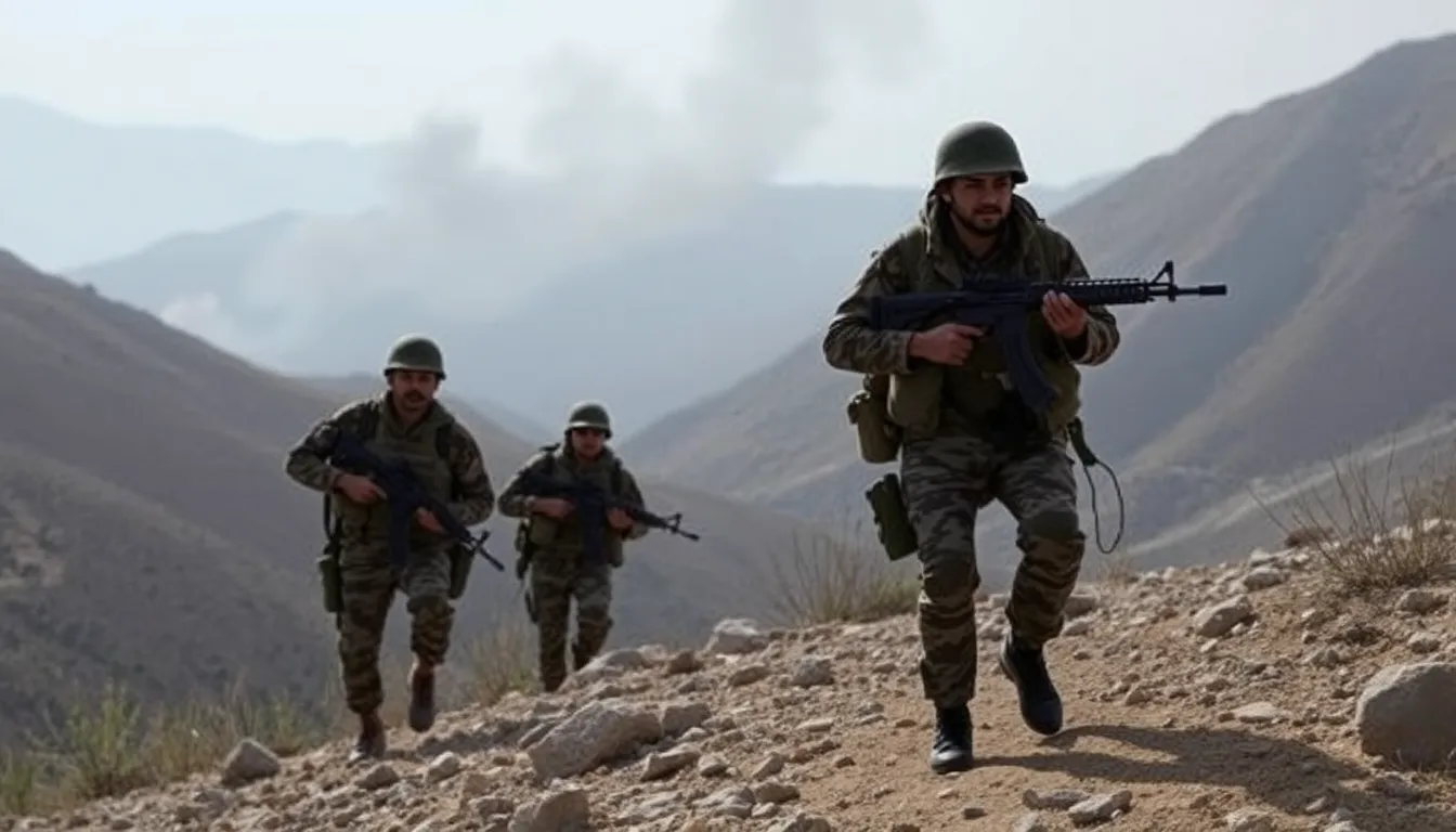 Pakistani soldiers conduct a military operation in a rugged terrain of Balochistan, with smoke rising in the background from airstrikes targeting separatist hideouts.