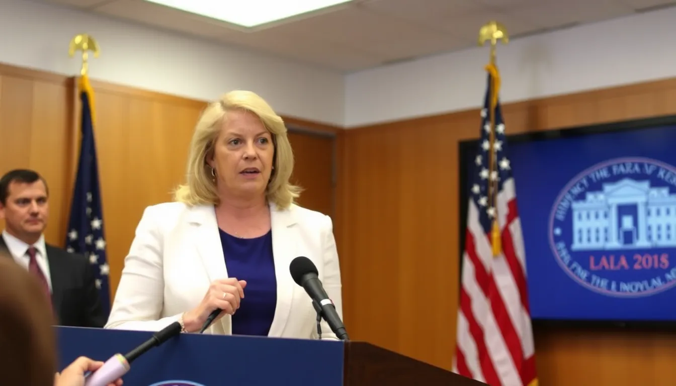Pam Bondi stands at a podium, addressing reporters with a serious expression as she announces the arrest of a key participant in the 2012 Benghazi attack.