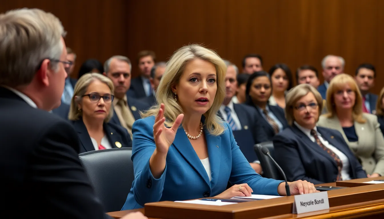 Pam Bondi testifies in court, passionately addressing the influence of powerful figures on the prosecution of Jeffrey Epstein while a captivated audience listens intently.