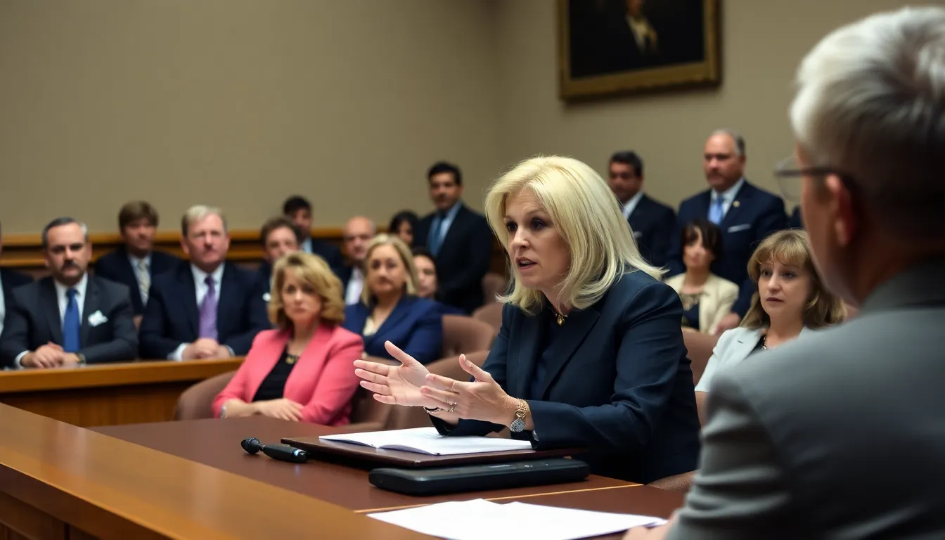 A closeup of Bondi as she emphasizes the importance of accountability within the justice system during her testimony