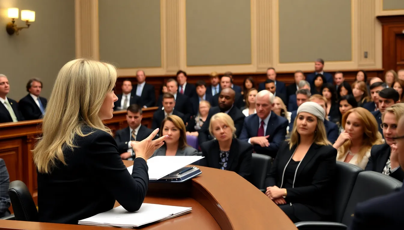 A group of individuals in the courtroom listening intently to Bondi's revelations about the complexities of Epstein's case