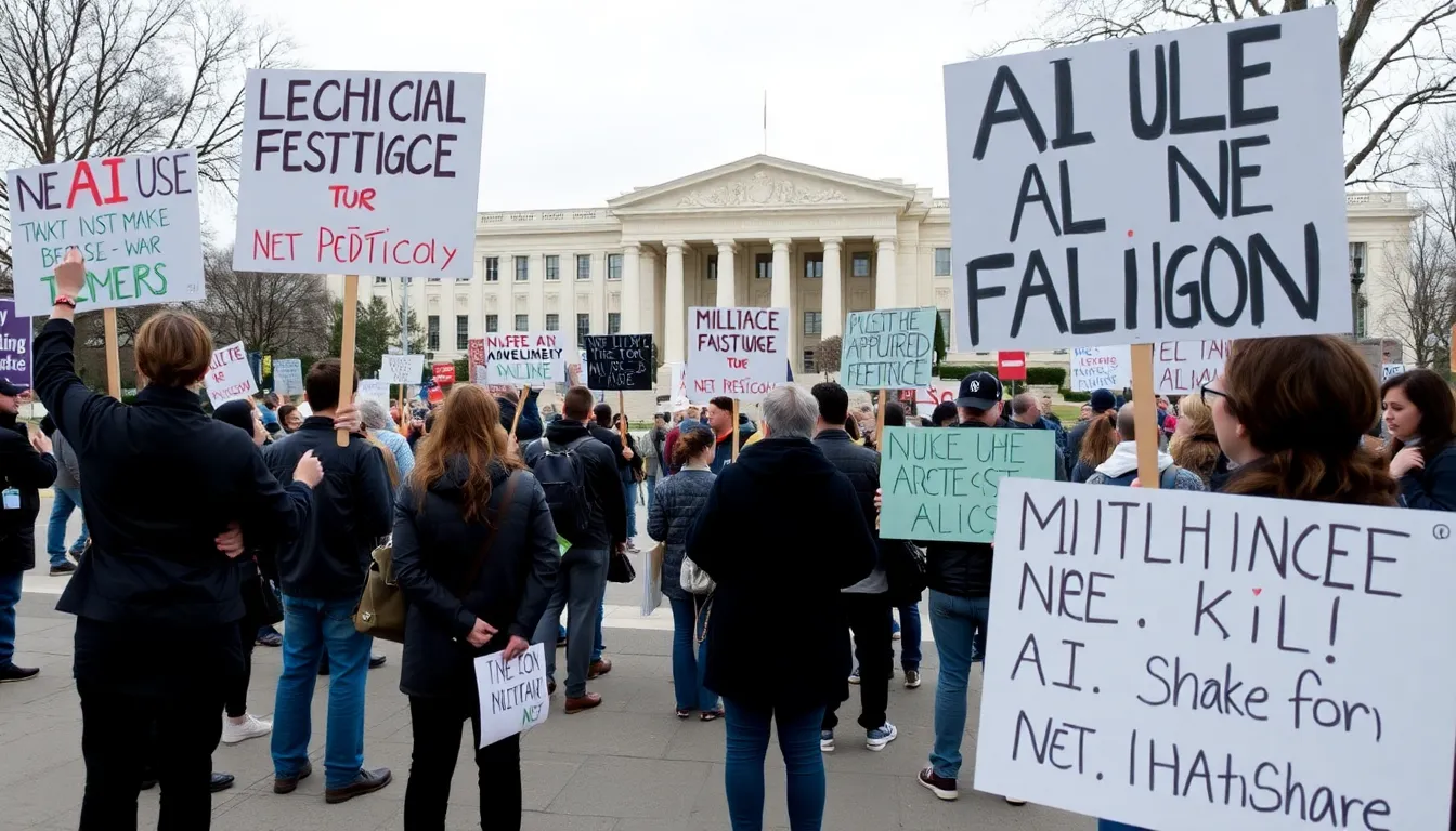 Protesters gather outside the Pentagon, holding signs advocating for ethical AI use and expressing concerns over military applications of artificial intelligence.
