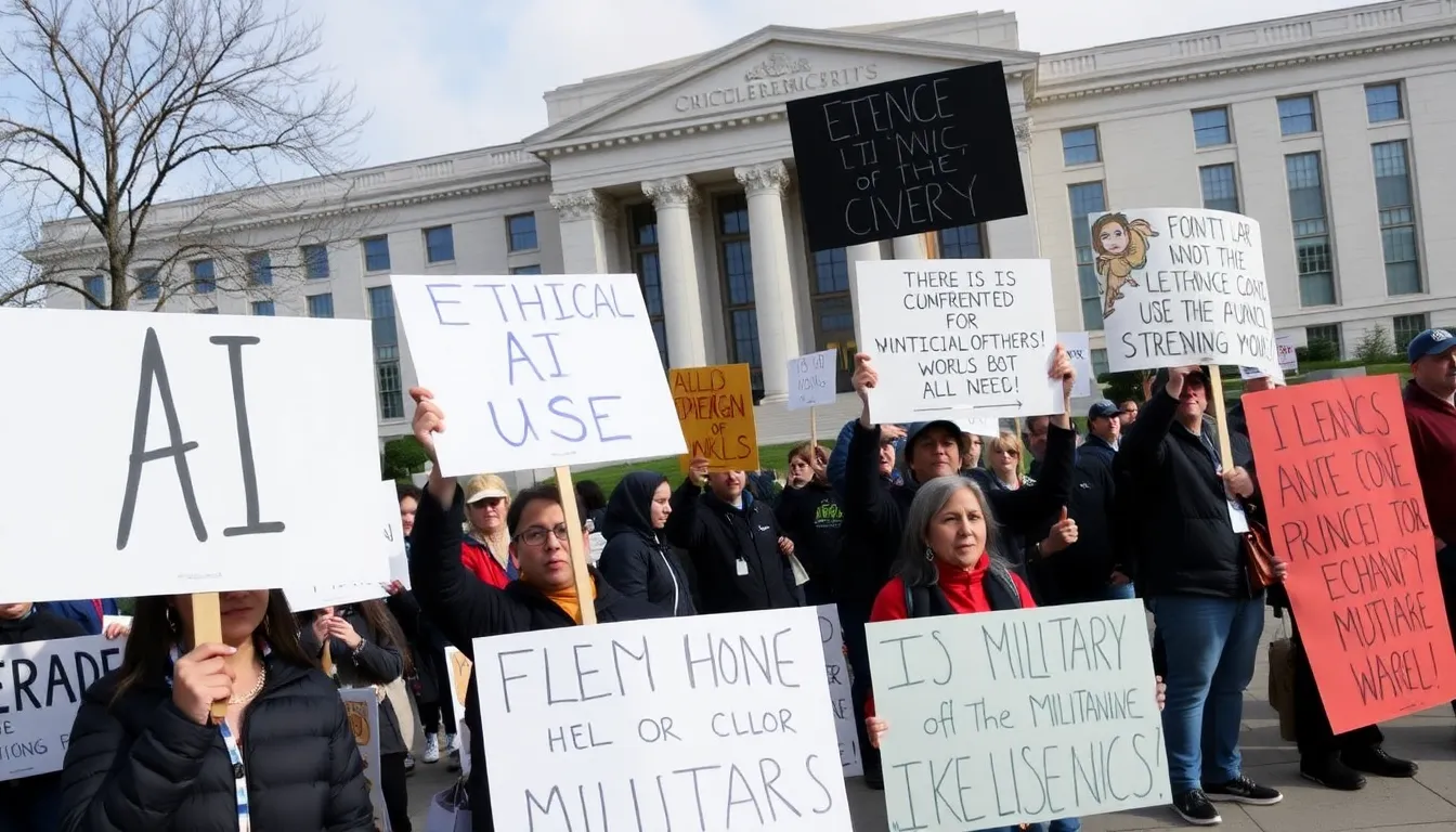 A conference room filled with representatives from tech companies and defense agencies engaged in a heated discussion about the ethical implications of AI technologies