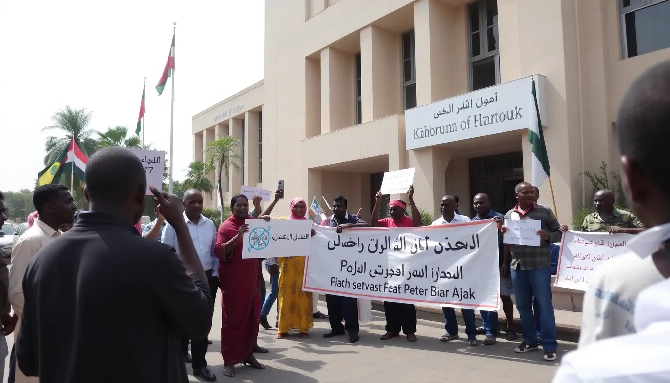 A group of protesters gathers outside a government building in Khartoum, holding banners and chanting in response to the recent arrest of peace activist Peter Biar Ajak.