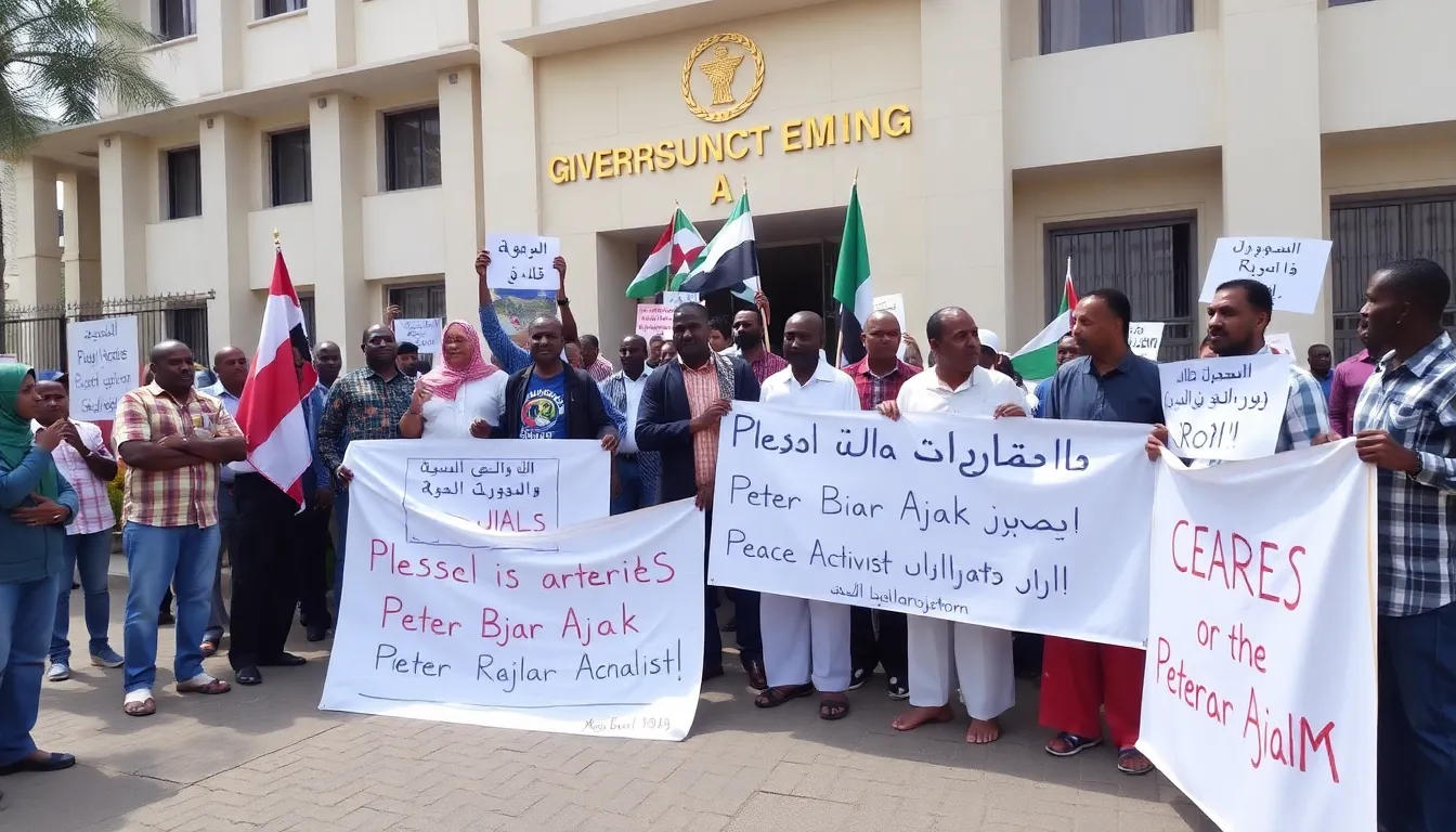 Activists gathering in a public square, expressing their concerns about political dissent and freedom of speech following Ajak's arrest