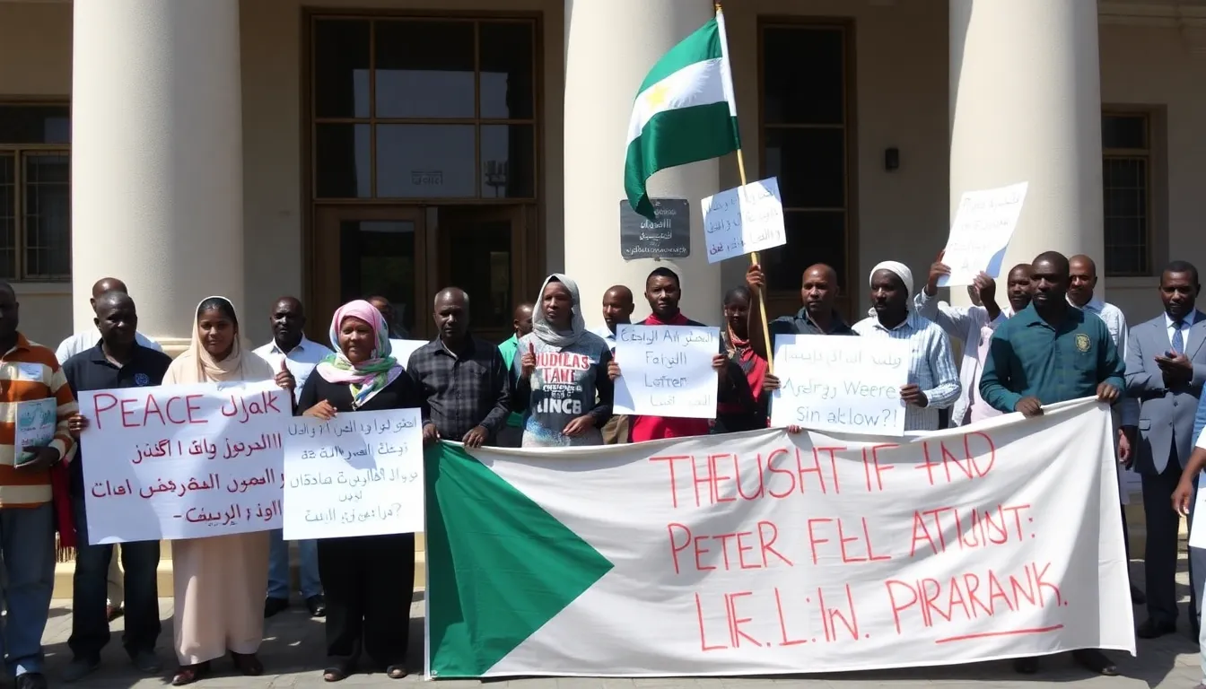 A tense scene outside a government building as citizens react to the news of the alleged coup plotting, reflecting the atmosphere of uncertainty in Sudan