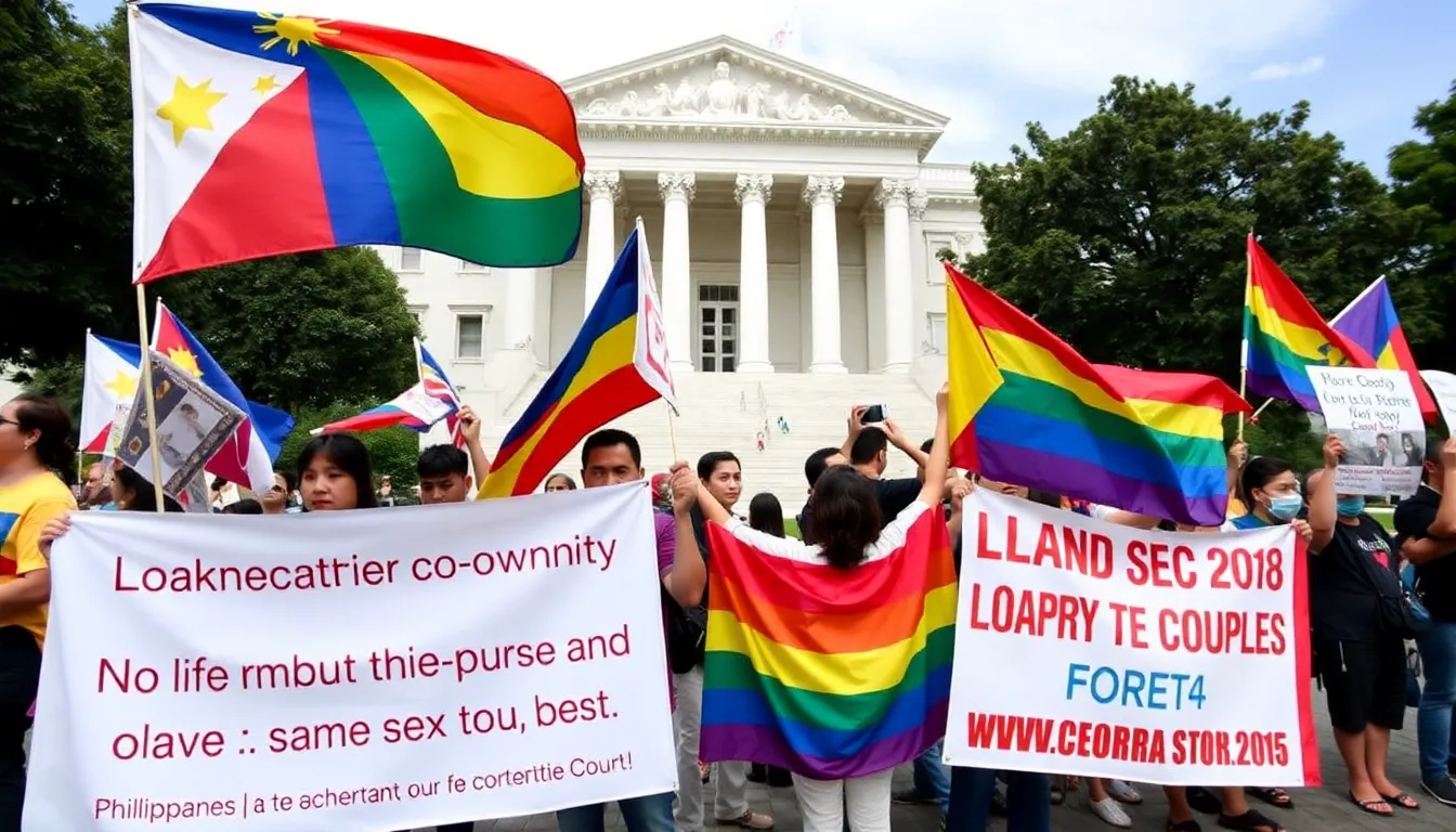 Supporters of LGBTQ+ rights gather outside the Philippine Supreme Court, holding banners and flags to celebrate the landmark ruling on property coownership for samesex couples.