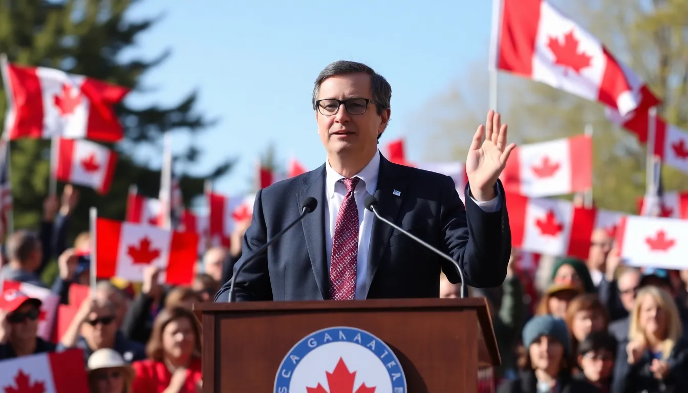 Pierre Poilievre stands confidently at a podium, addressing a crowd of enthusiastic supporters during his acceptance speech after being confirmed as the leader of Canada's Conservative Party.