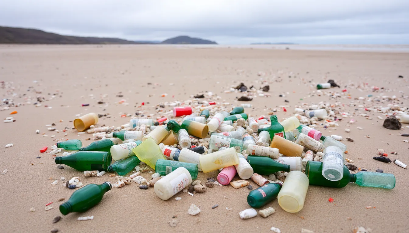 Plastic debris from the 1960s, including bottles and packaging, is scattered across a sandy Orkney beach, highlighting the longlasting effects of historical waste management practices.