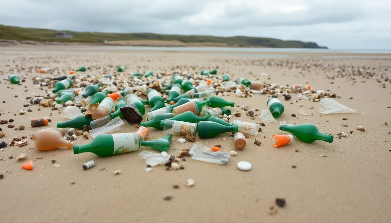 A closeup view of colorful plastic debris washed ashore, highlighting the stark contrast against the natural landscape of Orkney's coastline