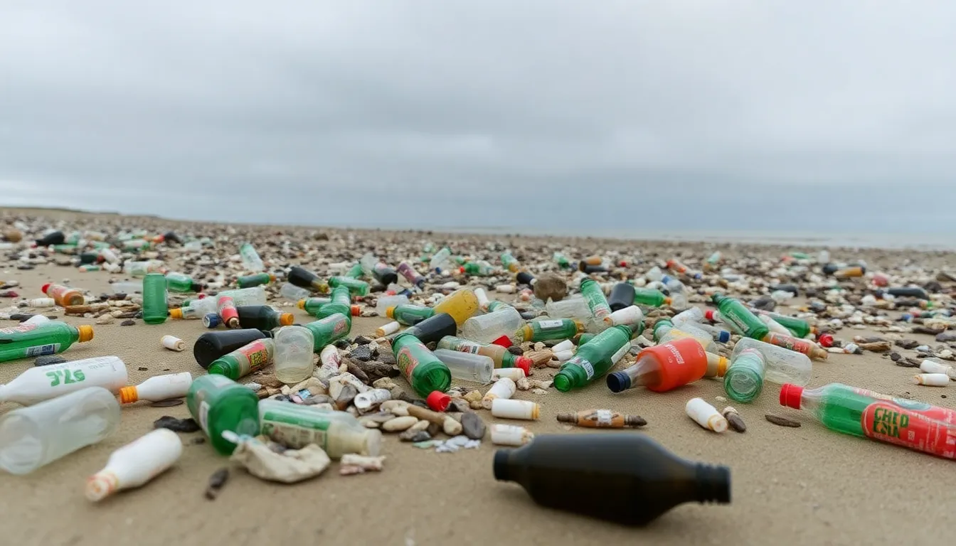 Local residents examining the plastic litter on the beach, showcasing their concern for the environment and the health of marine ecosystems