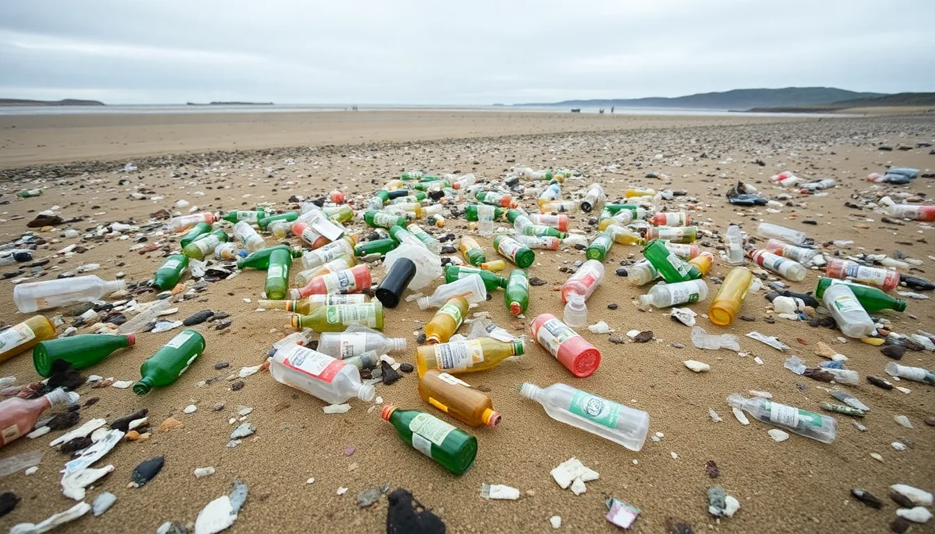 A panoramic shot of Orkney's shoreline marred by plastic pollution, symbolizing the urgent need for global strategies to combat marine waste
