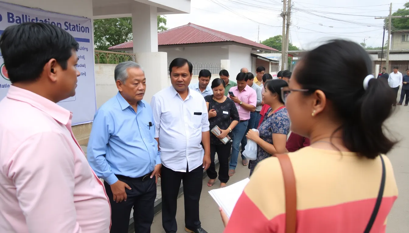 A group of political candidates stands outside a polling station in Thailand, discussing strategies as voters line up to cast their ballots in a tense election atmosphere.