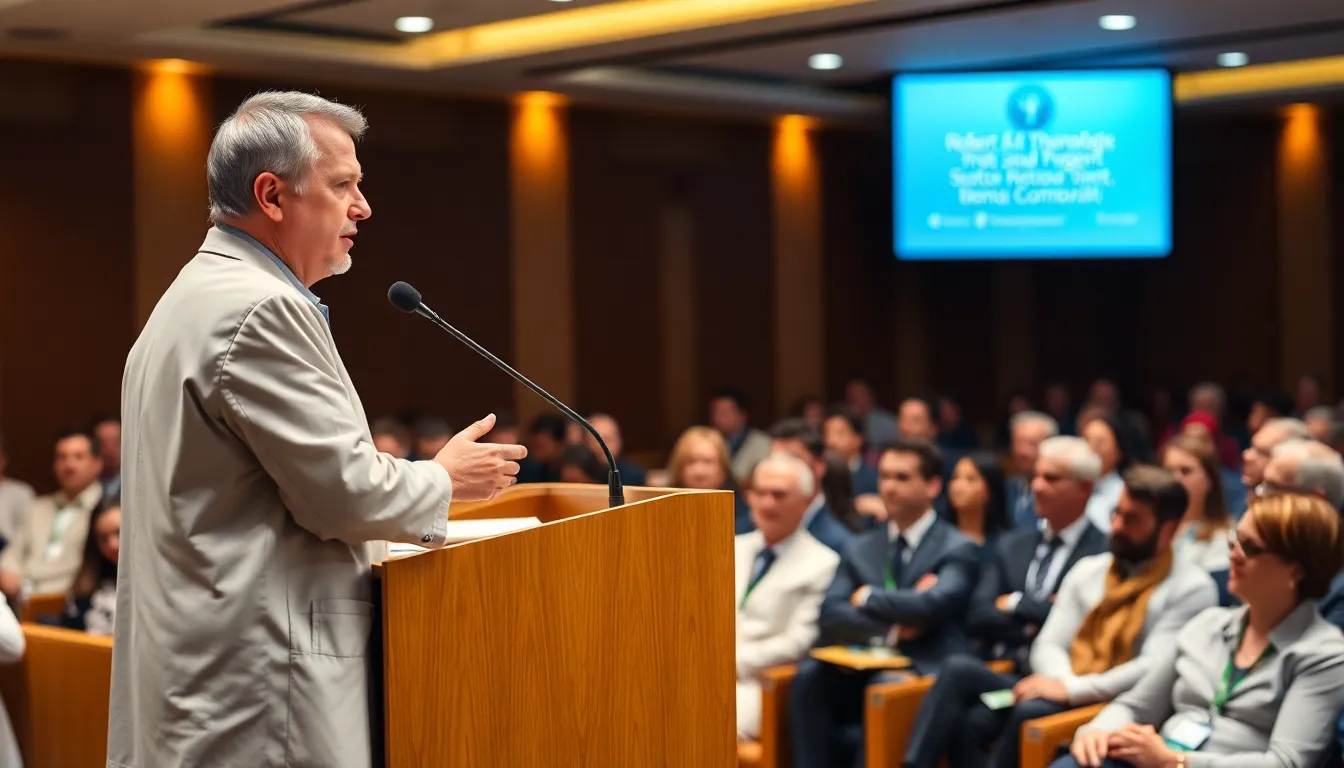 A psychiatrist stands at a podium during a public event, passionately addressing an audience about the inaccuracies in Robert F. Kennedy Jr.'s claims regarding ketogenic diets and mental health.