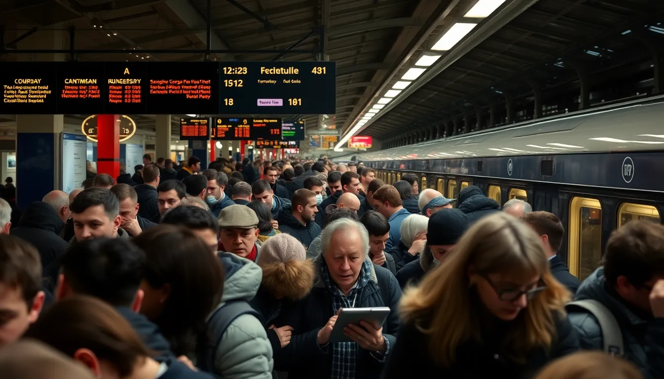 Crowds of frustrated travelers gather at a busy train station, checking schedules and discussing delays as they navigate the chaos of disrupted railway services during the Christmas holiday season.