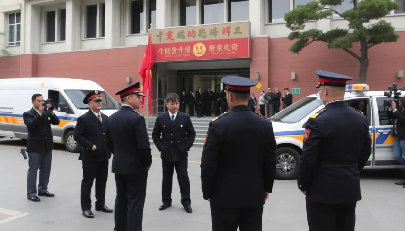 Chinese authorities gather outside a courthouse as they prepare to execute members of the Wu family, highlighting the government's swift response to organized crime.