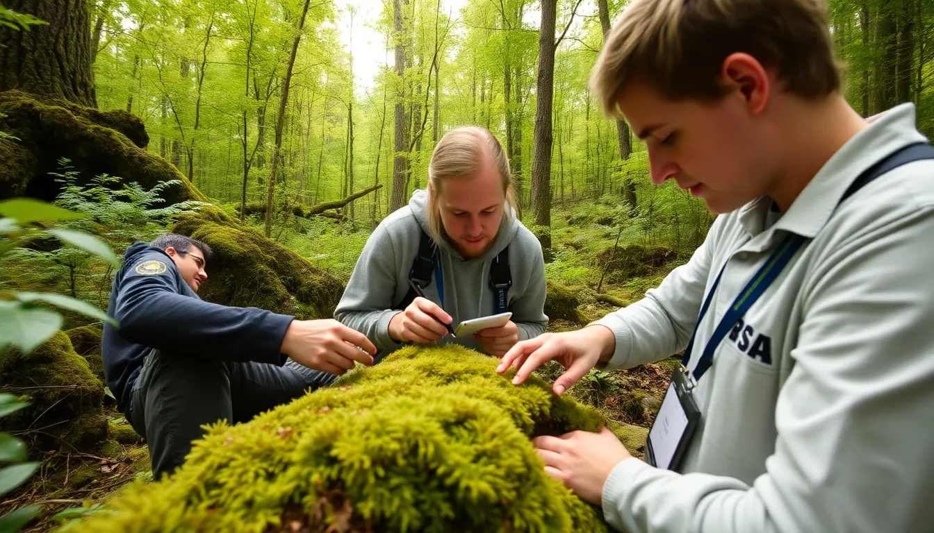 Researchers examine rare moss species in a lush green forest, highlighting their role in carbon sequestration as part of a climate change study.