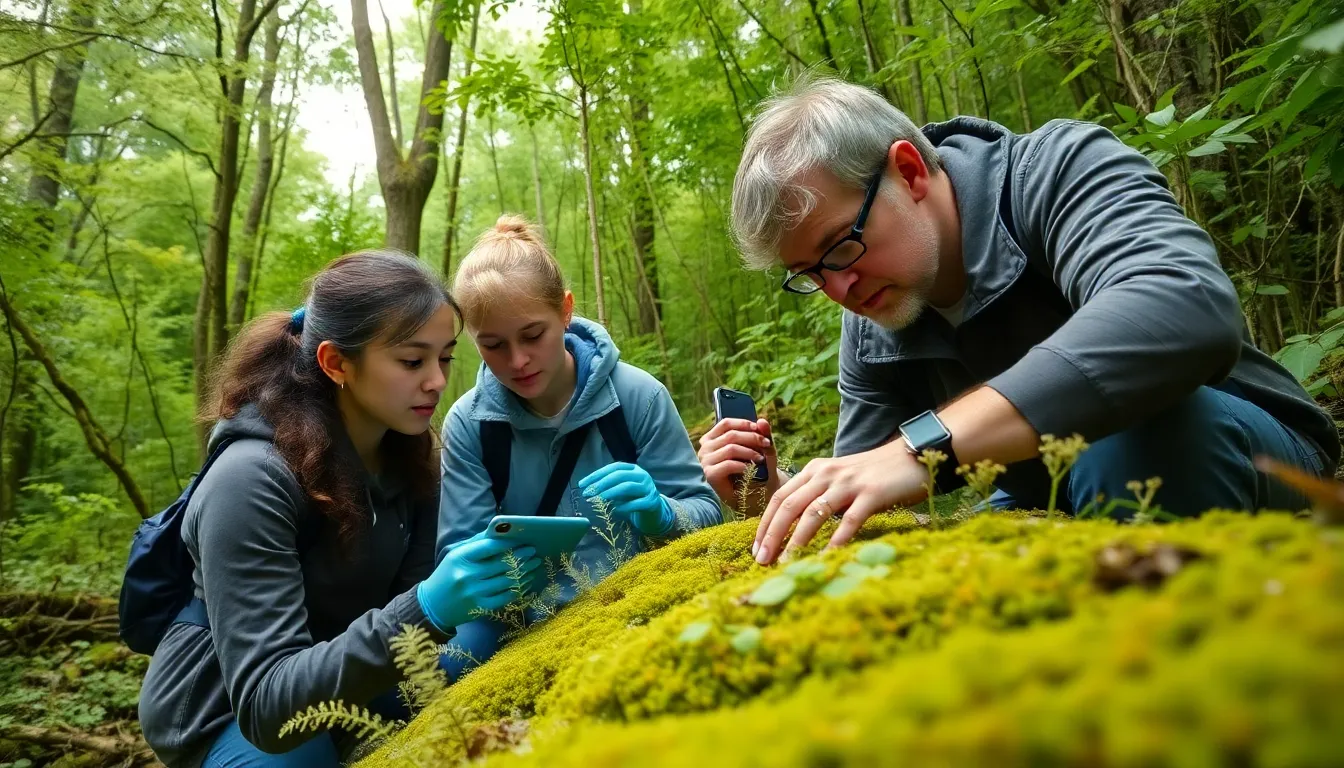 A diverse ecosystem showcasing various organisms thriving in the microhabitats created by mosses, highlighting their importance for biodiversity