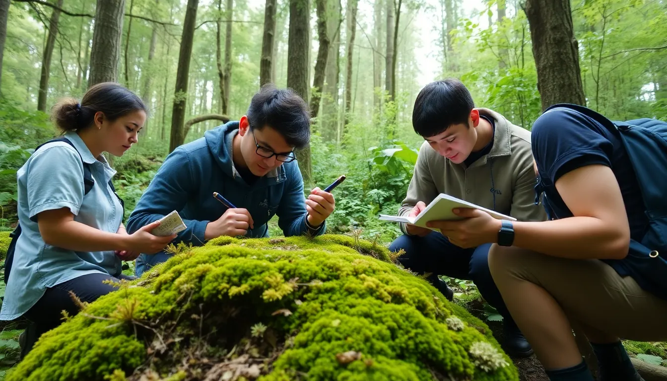 Researchers examine rare moss species in a lush, green forest, highlighting their potential role in carbon sequestration and climate change mitigation.
