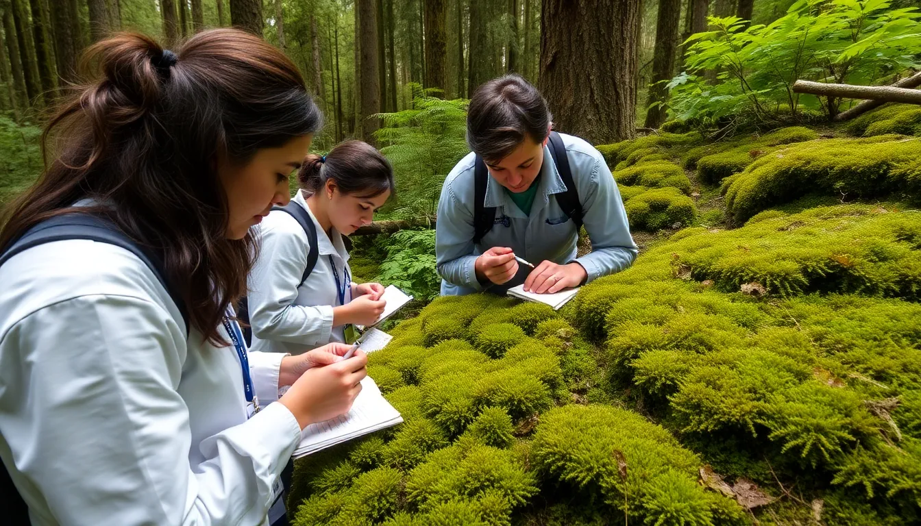 Conservationists engaging with local communities to raise awareness about the ecological significance of rare moss species in a temperate forest setting