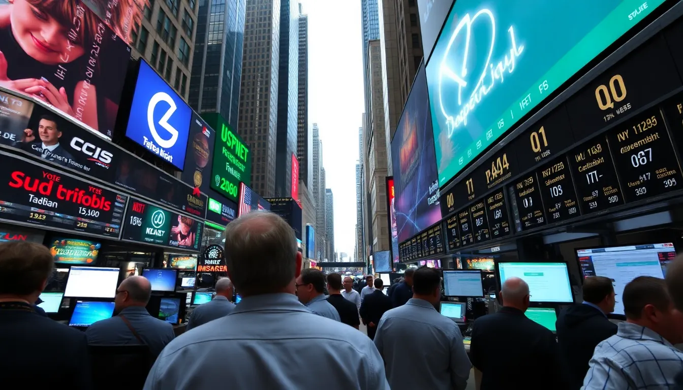 Traders monitor stock prices on large screens in a bustling financial district, reflecting a recent market recovery amid cautious optimism.