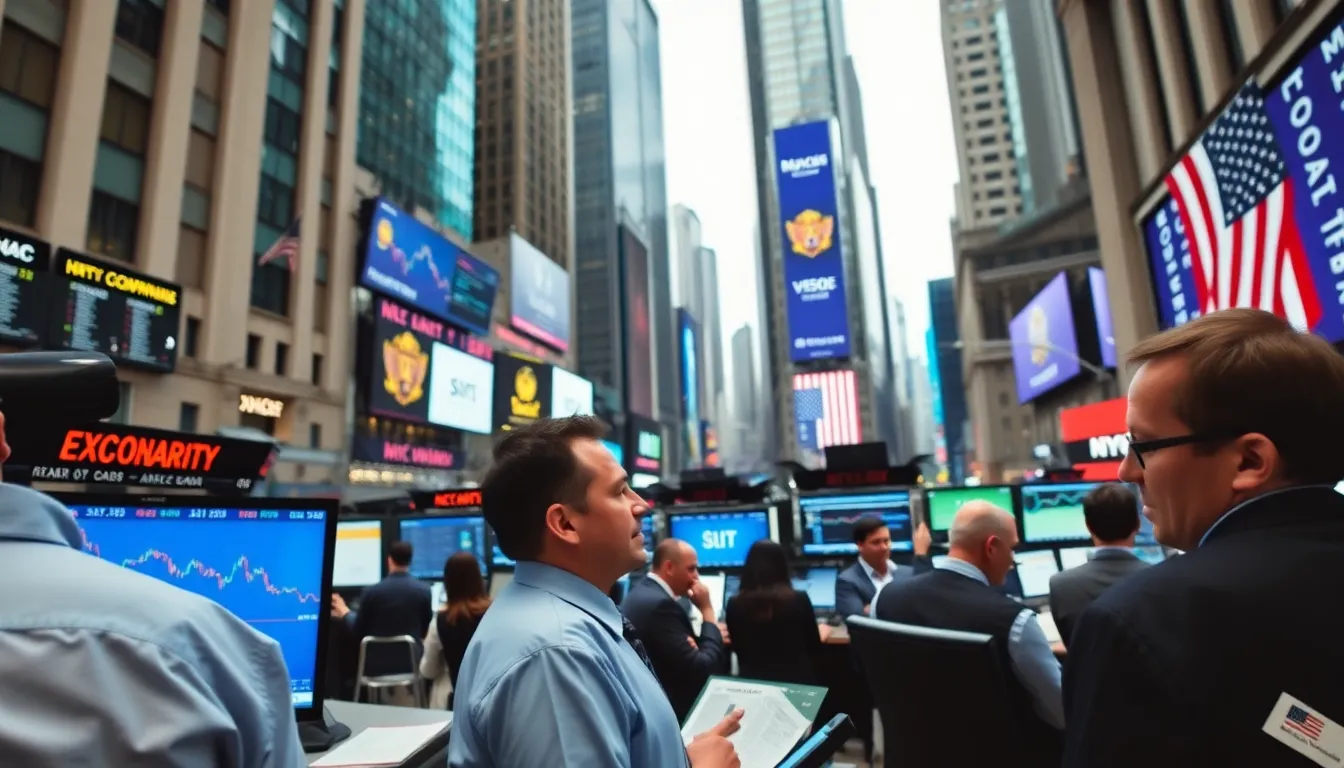 A bustling technology sector showcasing strong corporate earnings, with companies like Apple and Microsoft leading the way amid investor optimism