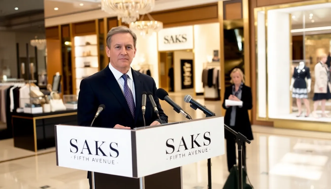 Richard Baker speaks at a press conference, outlining his plans to revitalize Saks Fifth Avenue following its bankruptcy, with a backdrop of luxury merchandise displays.