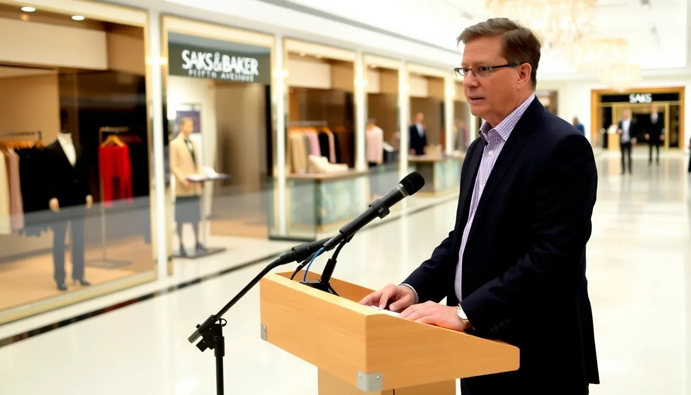 A bustling Saks Fifth Avenue store showcasing a seamless blend of digital and physical shopping experiences, with customers engaging with both instore displays and online interfaces