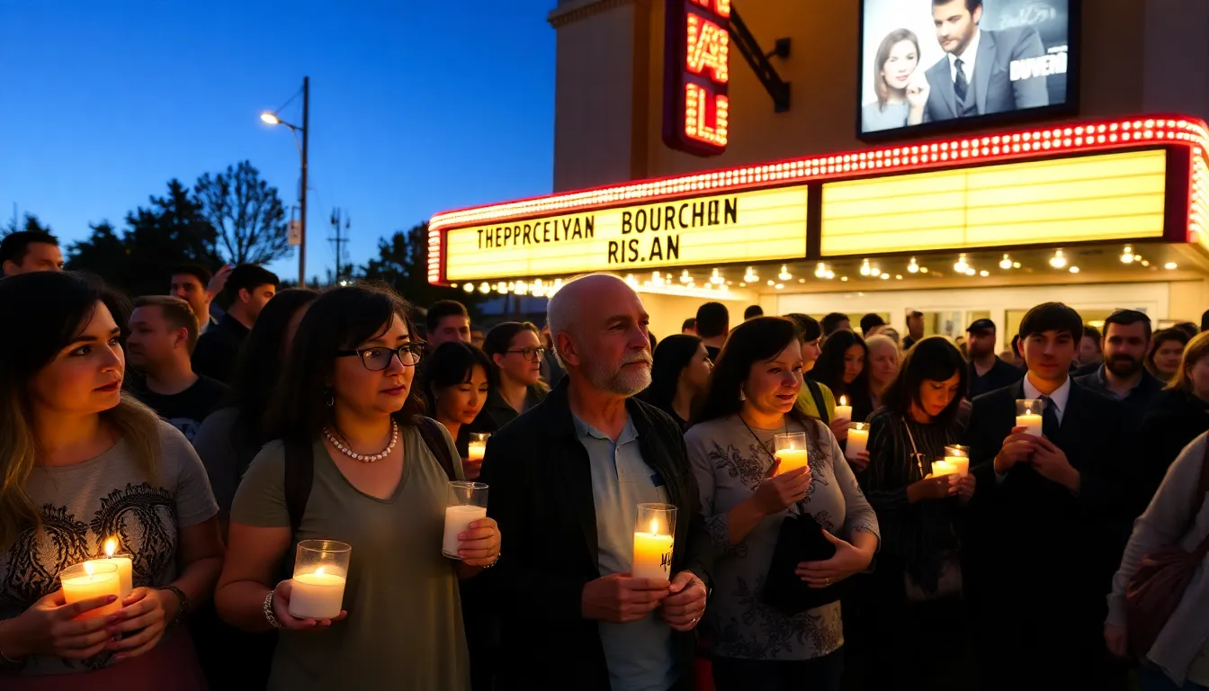 Fans gather outside a theater holding candles and flowers in tribute to Robert Duvall following the announcement of his passing.
