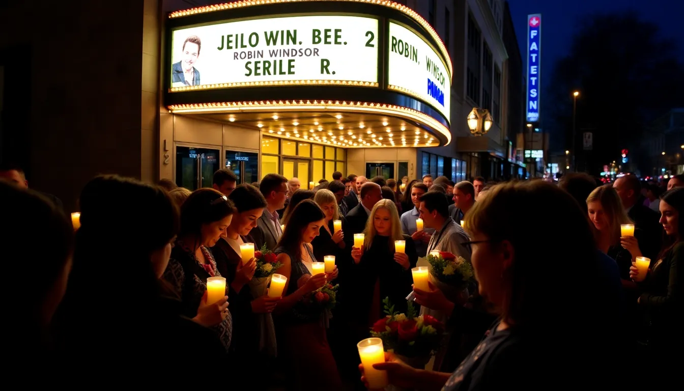A crowd gathers outside a theater, holding candles and flowers in remembrance of Robin Windsor, as emotional tributes are shared in honor of the late dancer and television personality.