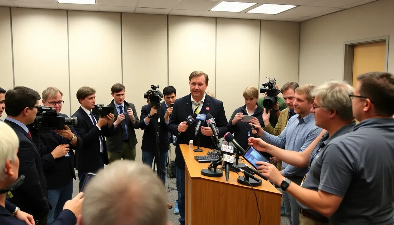 Coach Rohl speaks at a press conference, surrounded by reporters, as he addresses controversial comments ahead of the upcoming derby match.