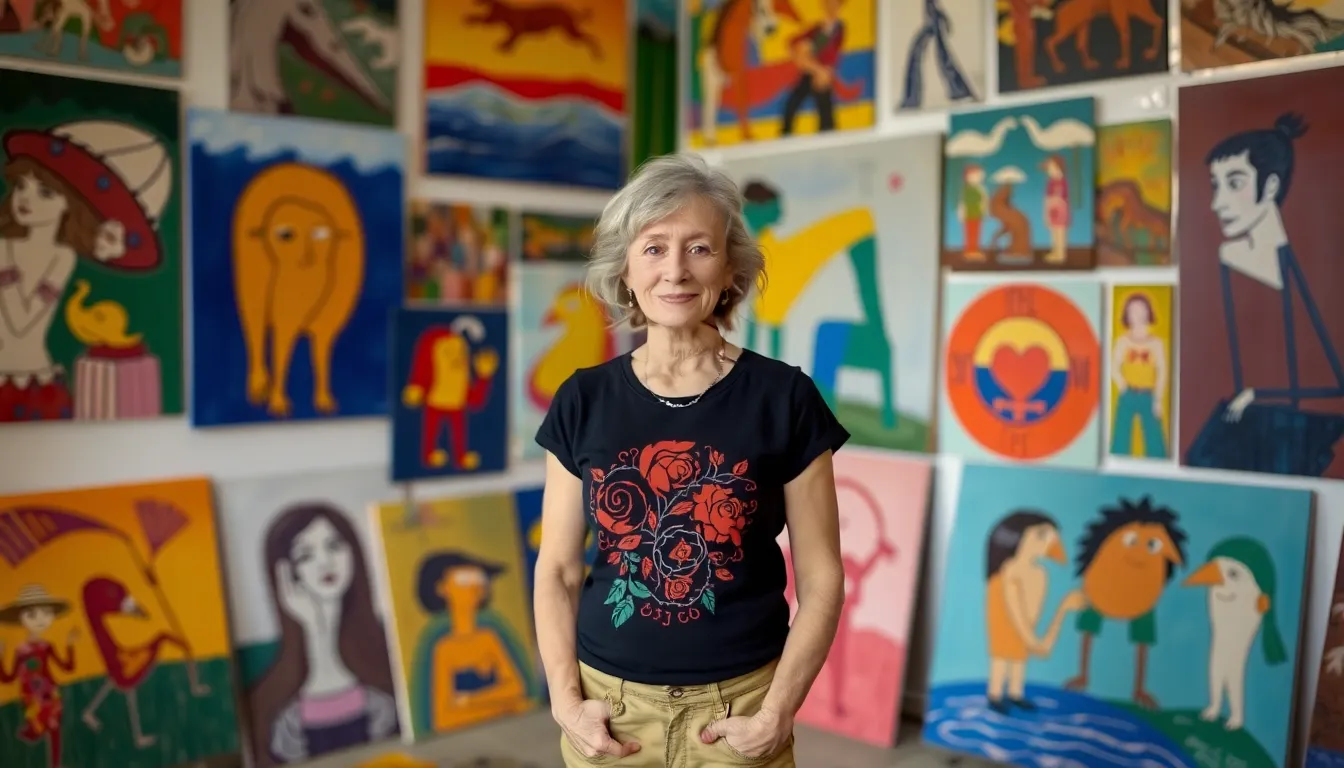 Rose Wylie stands in her vibrant studio, surrounded by her colorful paintings that reflect her unique artistic style and personal narratives.