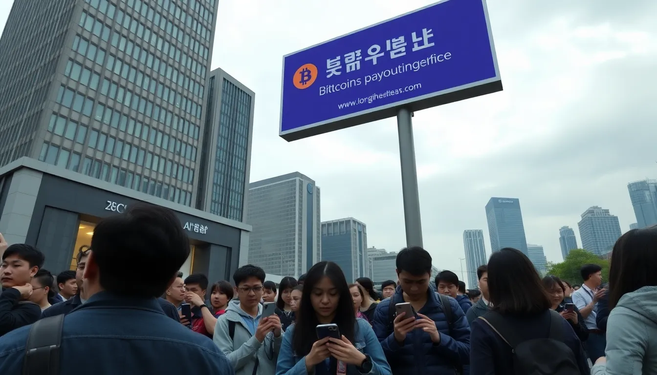 A crowd of anxious cryptocurrency users gathers outside a South Korean firm’s office, discussing the unexpected  billion Bitcoin payout error that has sparked widespread concern and regulatory scrutiny.