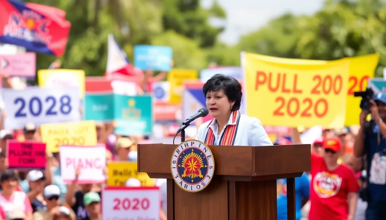 Philippine Vice President Sara Duterte speaks to a crowd during her announcement of her presidential candidacy for the 2028 elections, with supporters holding banners in the background.