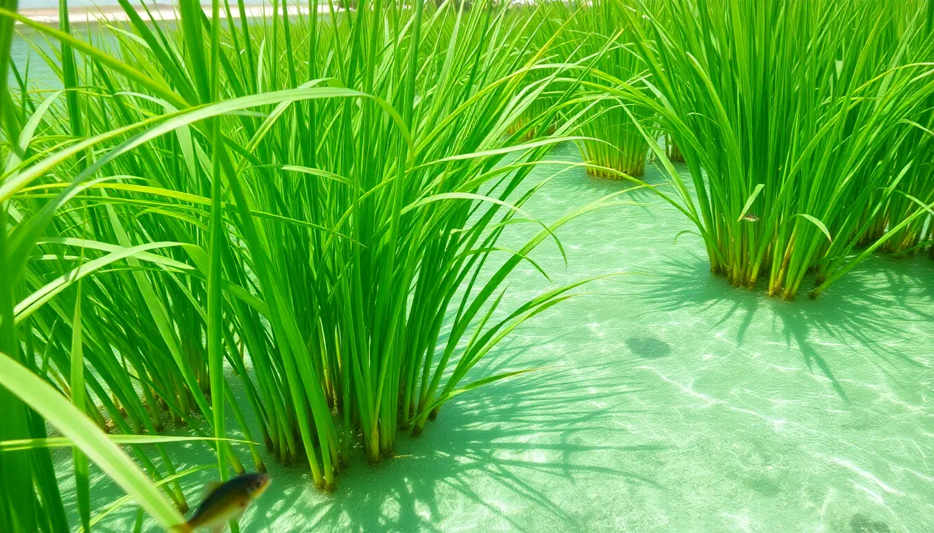 A lush seagrass meadow sways gently in clear turquoise waters, providing habitat for small fish and contributing to coastal protection against erosion.