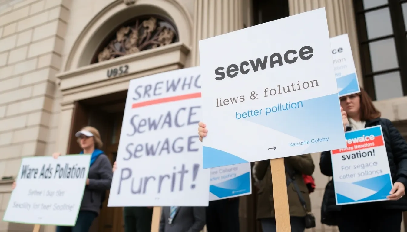 Protesters gather outside a government building, holding signs demanding action on sewage pollution and improved water quality regulations.