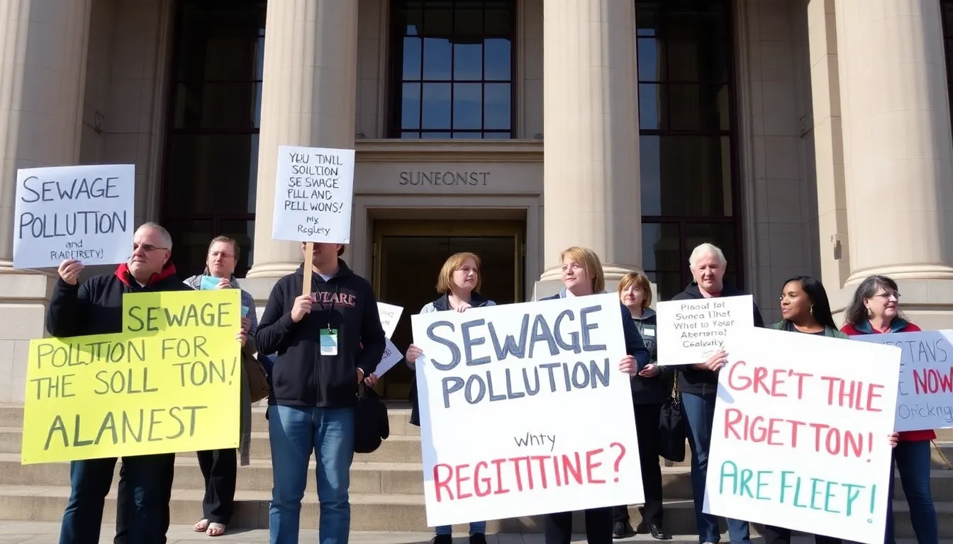 Residents of a local community gathering to voice their concerns about sewage pollution and advocate for cleaner water