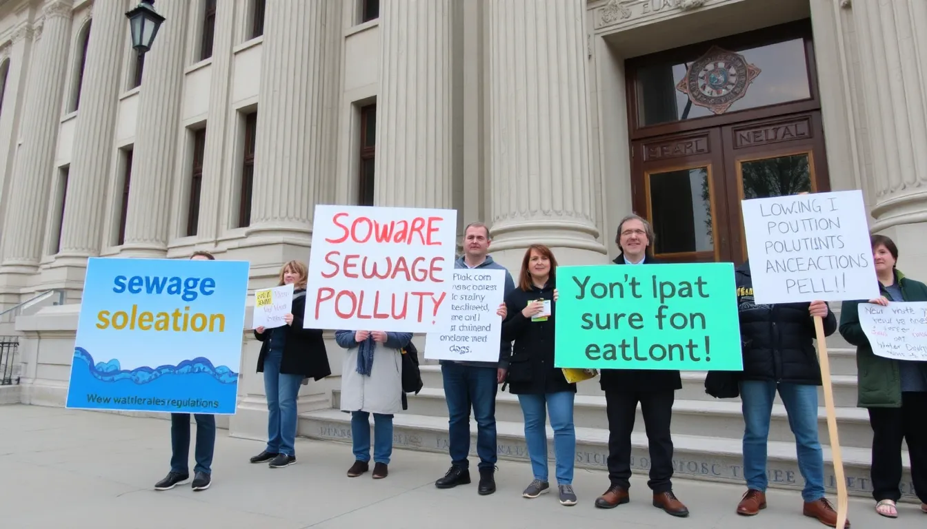 Environmental activists conducting a rally, emphasizing the importance of stricter regulations and sustainable practices in sewage management
